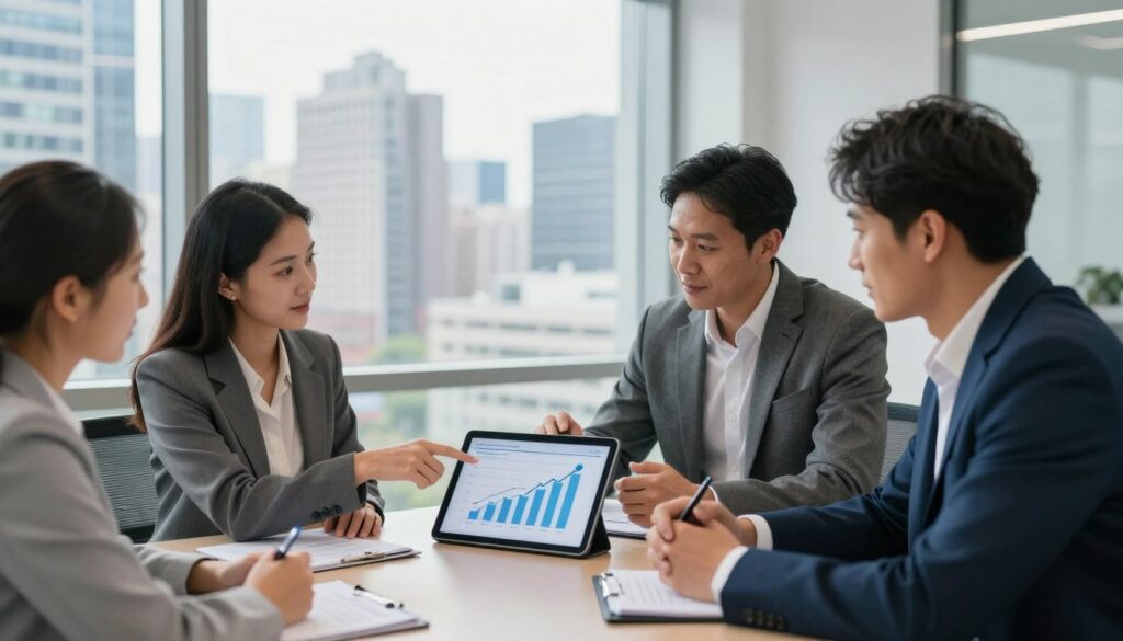 A dynamic and thought-provoking scene depicting a business meeting in a modern office environment, focused on identifying breaking trends in the US market. In the foreground, a diverse group of three professionals—two women and one man—are engaged in a lively discussion, analyzing charts on a digital tablet. The woman on the left, dressed in a smart blazer, points towards an upward trend in the data, while the man, in a tailored suit, takes notes intently. The background features a large window with a panoramic view of a bustling cityscape, symbolizing opportunity and growth. Soft, natural lighting filters through the glass, creating a vibrant and optimistic atmosphere. Use a wide-angle lens to capture the energy of the scene, emphasizing collaboration and innovation in a contemporary business setting.