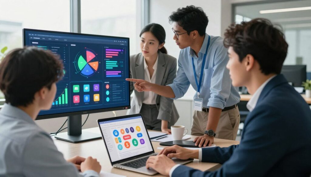 A dynamic digital workspace scene, featuring a diverse group of three professionals dressed in smart casual attire. In the foreground, one person is visually engaged with a laptop displaying colorful social media icons and analytics on the screen. The middle ground shows two colleagues discussing updates on a large interactive touch screen filled with vibrant charts and notifications indicating the latest social media features. The background is a modern office with large windows letting in soft natural light, casting gentle shadows. The overall atmosphere is collaborative and energetic, with an emphasis on innovation and communication. The color palette is bright and inviting, filled with blues and greens to reflect a digital environment. The scene is captured from a slightly elevated angle to provide a clear view of the teamwork in action.