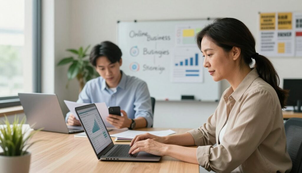 A dynamic workspace scene showcasing a diverse group of three professionals engaged in online money-making activities. In the foreground, a focused middle-aged woman in smart casual attire types on a laptop, with charts and financial data visible on her screen. Next to her, a young man in a business casual shirt reviews notes while holding a smartphone, emphasizing collaboration. In the middle ground, a wall-mounted whiteboard displays various online business strategies, enhancing the productive atmosphere. The background features a bright, modern office setting with green plants and motivational posters. Soft, natural lighting streams through large windows, creating a warm and encouraging mood, ideal for the theme of financial growth and exploration of online opportunities.