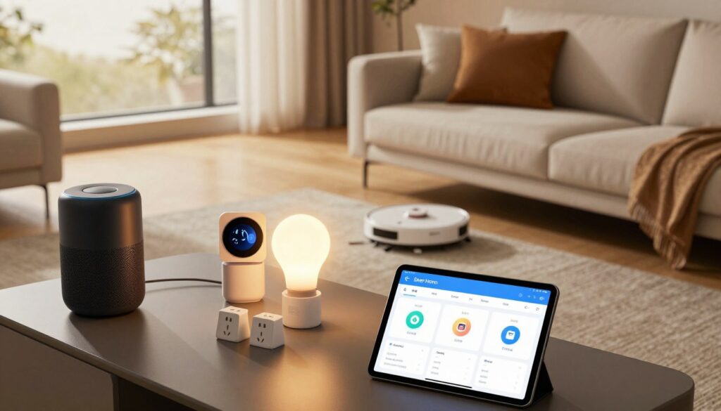 A modern living room featuring a variety of smart home devices, including a sleek smart speaker, a stylish smart thermostat, and a smart light bulb illuminating the space with a warm glow. In the foreground, a tablet displays a smart home dashboard, showcasing device controls. The middle of the image highlights an elegant sofa and a coffee table adorned with smart gadgets like a robotic vacuum and smart plugs. In the background, through a large window, soft daylight filters in, creating a cozy atmosphere. The composition should use a slight overhead angle to capture the overall layout of the room, emphasizing the integration of technology into everyday life, evoking a sense of comfort and convenience. A modern living room featuring a variety of smart home devices, including a sleek smart speaker, a stylish smart thermostat, and a smart light bulb illuminating the space with a warm glow. In the foreground, a tablet displays a smart home dashboard, showcasing device controls. The middle of the image highlights an elegant sofa and a coffee table adorned with smart gadgets like a robotic vacuum and smart plugs. In the background, through a large window, soft daylight filters in, creating a cozy atmosphere. The composition should use a slight overhead angle to capture the overall layout of the room, emphasizing the integration of technology into everyday life, evoking a sense of comfort and convenience.