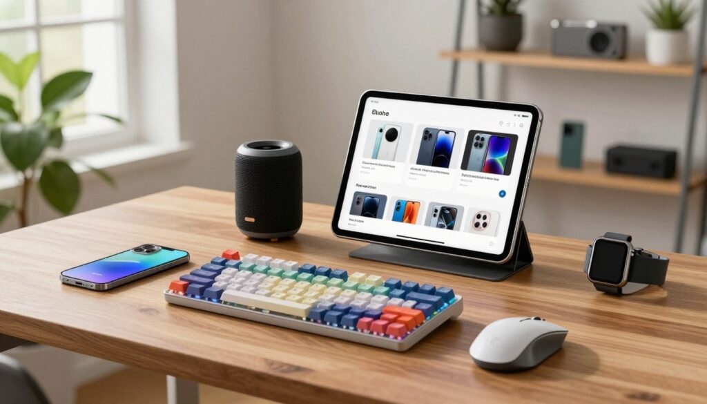 A modern workspace featuring a collection of budget gadgets arranged artfully on a sleek wooden desk. In the foreground, a stylish ergonomic mouse and a colorful mechanical keyboard are placed alongside a compact, budget-friendly smartphone and a smartwatch. The middle layer includes a small portable speaker and a user-friendly tablet with an open app showcasing budget gadget deals. In the background, soft natural light filters through a window, illuminating a lush indoor plant and minimalist shelves adorned with tech accessories. The overall mood is vibrant yet organized, suggesting a strategic approach to tech upgrades. Capture this scene with a slight depth of field to emphasize the gadgets, using a warm color palette to evoke a sense of excitement and innovation in technology for 2024.