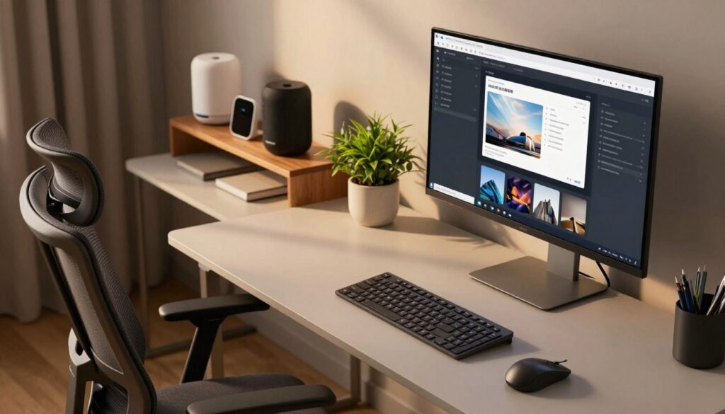 A stylish and modern workspace scene featuring a sleek desk with high-tech gadgets that enhance productivity. In the foreground, a smart monitor displaying multitasking applications, a wireless keyboard, and a mouse are neatly arranged. The middle section includes a compact ergonomic chair and a potted plant for a touch of nature. In the background, a well-organized shelf holds tech accessories like a smart speaker and a digital assistant. Soft, ambient lighting creates a warm atmosphere, casting gentle shadows on the desk surface. Capture the scene from a slight angle, using a wide lens to emphasize the entire workspace, evoking a sense of innovation and focus, ideal for enhancing productivity. The overall mood is inviting and professional. A stylish and modern workspace scene featuring a sleek desk with high-tech gadgets that enhance productivity. In the foreground, a smart monitor displaying multitasking applications, a wireless keyboard, and a mouse are neatly arranged. The middle section includes a compact ergonomic chair and a potted plant for a touch of nature. In the background, a well-organized shelf holds tech accessories like a smart speaker and a digital assistant. Soft, ambient lighting creates a warm atmosphere, casting gentle shadows on the desk surface. Capture the scene from a slight angle, using a wide lens to emphasize the entire workspace, evoking a sense of innovation and focus, ideal for enhancing productivity. The overall mood is inviting and professional.