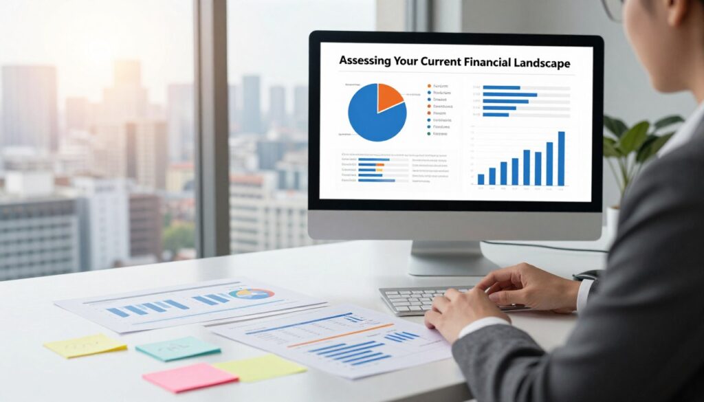 A well-organized financial workspace reflecting "Assessing Your Current Financial Landscape." In the foreground, a person (depicted in professional business attire) sits at a modern desk, surrounded by spreadsheets, charts, and colorful sticky notes related to budgeting and investments. The middle ground features a large screen displaying graphic visualizations of financial data, such as pie charts and bar graphs, symbolizing various financial planning strategies. In the background, a window offers a panoramic cityscape view, illuminated by soft, natural sunlight that creates a bright and optimistic atmosphere. The scene should evoke a sense of empowerment and strategic thinking, with a clean and organized aesthetic. Use a slight depth of field to keep the focus on the financial tools while providing a glimpse of the city beyond.