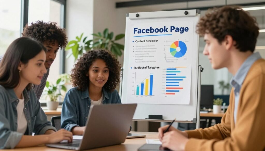 A dynamic and professional scene illustrating effective strategies for quickly growing a Facebook page. In the foreground, a diverse team of three individuals, dressed in smart casual attire, collaborates around a laptop, their expressions focused and engaged. In the middle layer, a whiteboard filled with colorful charts, graphs, and bullet points showcases key strategies like content scheduling, interaction tactics, and audience targeting. In the background, a bright, open office space filled with plants and natural light creates an inviting atmosphere. The lighting is soft and warm, suggesting a productive and positive vibe, while a slight lens blur enhances the focus on the team. The overall mood is vibrant and energetic, reflecting the spirit of collaboration and innovation in digital marketing.