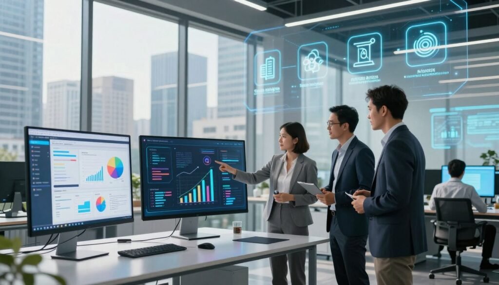 A futuristic office setting showcasing a variety of advanced AI tools projected on sleek, modern screens. In the foreground, a diverse group of three professionals in business attire — a woman and two men — are engaged in a collaborative discussion, pointing at one of the screens displaying colorful charts and graphs indicating productivity gains. In the middle ground, a digital whiteboard features icons symbolizing different AI categories like data analysis, automation, and content generation, all glowing softly. The background depicts a city skyline through large glass windows, with natural light flooding in, creating an inspiring and innovative atmosphere. Use a wide-angle lens to capture the entire scene, highlighting both the tools and the engaged professionals in a bright, optimistic mood. A futuristic office setting showcasing a variety of advanced AI tools projected on sleek, modern screens. In the foreground, a diverse group of three professionals in business attire — a woman and two men — are engaged in a collaborative discussion, pointing at one of the screens displaying colorful charts and graphs indicating productivity gains. In the middle ground, a digital whiteboard features icons symbolizing different AI categories like data analysis, automation, and content generation, all glowing softly. The background depicts a city skyline through large glass windows, with natural light flooding in, creating an inspiring and innovative atmosphere. Use a wide-angle lens to capture the entire scene, highlighting both the tools and the engaged professionals in a bright, optimistic mood.