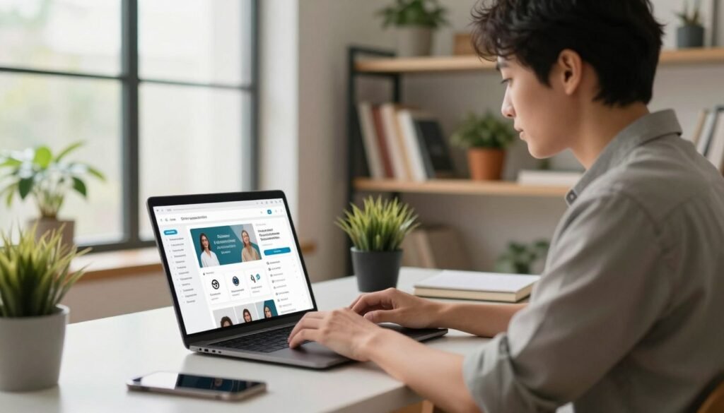 A modern digital workspace set in a cozy home office, featuring a sleek desk with a laptop open to a beautiful dashboard of online opportunities, such as e-commerce and freelancing platforms. The foreground shows a professional individual, dressed in smart casual attire, focused intently as they type. In the middle ground, shelves filled with books on entrepreneurship and productivity line the walls, alongside colorful potted plants that add a touch of freshness. The background reveals a large window with soft, natural light pouring in, illuminating the space with a warm and inviting atmosphere. The overall mood is inspiring and motivating, reflecting productivity and creative energy, perfect for someone preparing to embark on their digital side hustles journey. A modern digital workspace set in a cozy home office, featuring a sleek desk with a laptop open to a beautiful dashboard of online opportunities, such as e-commerce and freelancing platforms. The foreground shows a professional individual, dressed in smart casual attire, focused intently as they type. In the middle ground, shelves filled with books on entrepreneurship and productivity line the walls, alongside colorful potted plants that add a touch of freshness. The background reveals a large window with soft, natural light pouring in, illuminating the space with a warm and inviting atmosphere. The overall mood is inspiring and motivating, reflecting productivity and creative energy, perfect for someone preparing to embark on their digital side hustles journey.