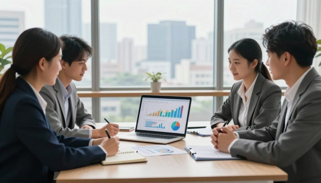 A serene and inviting workspace illustrating smart investment strategies for beginners. In the foreground, a diverse group of three individuals are sitting around a stylish table, discussing investment options, each dressed in professional business attire. The middle layer features a large open laptop displaying colorful graphs and charts, alongside notebooks and financial literature scattered about, signifying active learning and collaboration. In the background, a large window reveals a city skyline, with soft natural light pouring in, creating a bright and optimistic atmosphere. The overall mood conveys a sense of opportunity and confidence, with a focus on teamwork and education in financial matters. A serene and inviting workspace illustrating smart investment strategies for beginners. In the foreground, a diverse group of three individuals are sitting around a stylish table, discussing investment options, each dressed in professional business attire. The middle layer features a large open laptop displaying colorful graphs and charts, alongside notebooks and financial literature scattered about, signifying active learning and collaboration. In the background, a large window reveals a city skyline, with soft natural light pouring in, creating a bright and optimistic atmosphere. The overall mood conveys a sense of opportunity and confidence, with a focus on teamwork and education in financial matters.