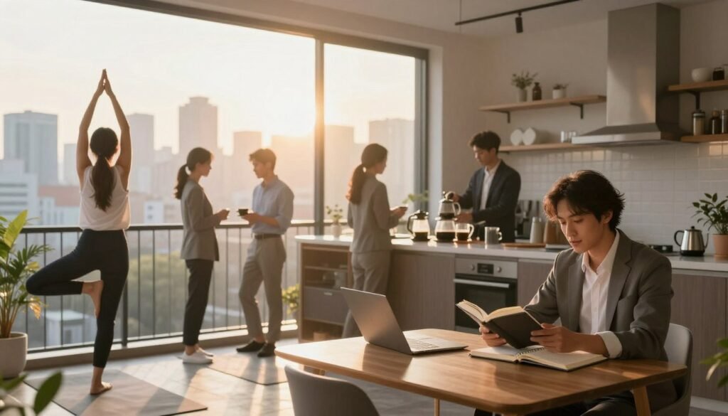 A serene morning scene that encapsulates the essence of productive morning habits. In the foreground, a diverse group of individuals in professional attire engage in various positive activities: a woman practices yoga on a balcony, a man brews coffee in a stylish kitchen, and another person reads a book at a cozy table with a notebook beside them. In the middle, a sunbeam filters through large windows, illuminating the space with a warm, golden glow. In the background, a vibrant city skyline bathed in the early morning light suggests the promise of a new day. The atmosphere is calm and uplifting, evoking a sense of motivation and clarity as these individuals embrace their morning routines. Capture this scene with a soft focus lens to enhance the tranquil mood. A serene morning scene that encapsulates the essence of productive morning habits. In the foreground, a diverse group of individuals in professional attire engage in various positive activities: a woman practices yoga on a balcony, a man brews coffee in a stylish kitchen, and another person reads a book at a cozy table with a notebook beside them. In the middle, a sunbeam filters through large windows, illuminating the space with a warm, golden glow. In the background, a vibrant city skyline bathed in the early morning light suggests the promise of a new day. The atmosphere is calm and uplifting, evoking a sense of motivation and clarity as these individuals embrace their morning routines. Capture this scene with a soft focus lens to enhance the tranquil mood.