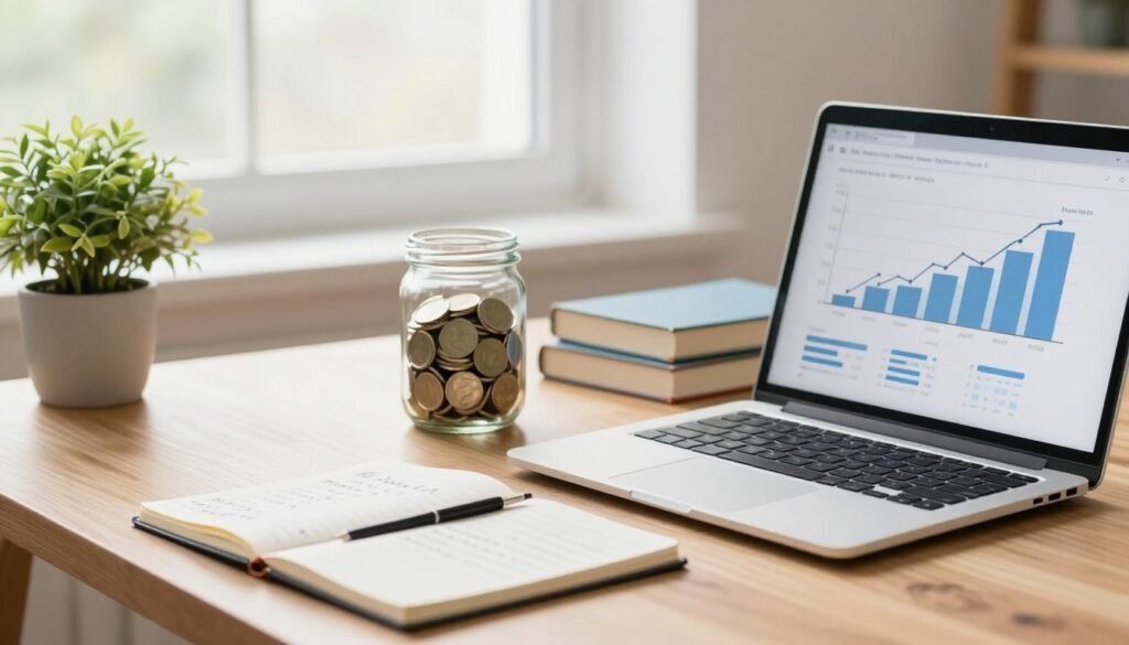 A serene workspace set up to illustrate passive income strategies for beginners. In the foreground, a sleek wooden desk with a laptop open, displaying financial graphs, alongside a plant and a notepad filled with handwritten notes. In the middle ground, a clear glass jar filled with coins symbolizes savings, while a small stack of books on personal finance sits next to it. The background showcases a bright window with natural light streaming in, illuminating the scene and creating a warm atmosphere. Soft colors and a minimalistic design characterize the space, evoking a sense of clarity and focus. The overall mood is inspiring and motivational, ideal for beginners exploring passive income opportunities. A serene workspace set up to illustrate passive income strategies for beginners. In the foreground, a sleek wooden desk with a laptop open, displaying financial graphs, alongside a plant and a notepad filled with handwritten notes. In the middle ground, a clear glass jar filled with coins symbolizes savings, while a small stack of books on personal finance sits next to it. The background showcases a bright window with natural light streaming in, illuminating the scene and creating a warm atmosphere. Soft colors and a minimalistic design characterize the space, evoking a sense of clarity and focus. The overall mood is inspiring and motivational, ideal for beginners exploring passive income opportunities.