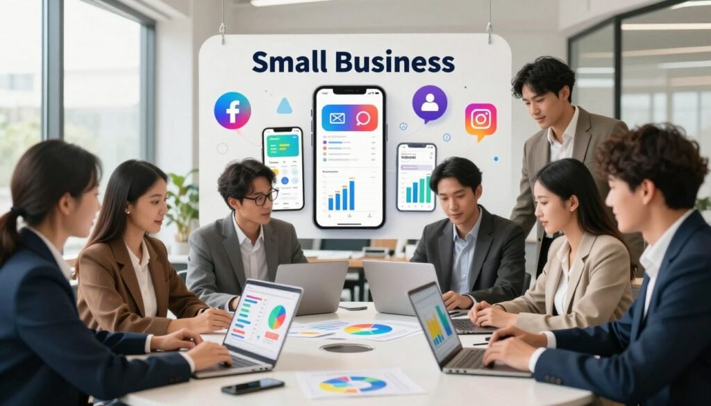 A vibrant and engaging visual representation of social media strategies for small businesses in 2024. In the foreground, a diverse group of professionals in smart business attire collaborates around a circular table, reviewing colorful charts and digital devices showcasing social media metrics. The middle layer features dynamic technology elements, such as smartphones displaying various social media platforms and graphs, symbolizing data-driven decisions. The background should consist of a modern office environment with large windows allowing natural light to flood the space, creating a bright and optimistic atmosphere. The overall mood is collaborative and innovative, emphasizing teamwork and growth in digital marketing. Use soft, warm lighting to enhance the sense of productivity and creativity. A vibrant and engaging visual representation of social media strategies for small businesses in 2024. In the foreground, a diverse group of professionals in smart business attire collaborates around a circular table, reviewing colorful charts and digital devices showcasing social media metrics. The middle layer features dynamic technology elements, such as smartphones displaying various social media platforms and graphs, symbolizing data-driven decisions. The background should consist of a modern office environment with large windows allowing natural light to flood the space, creating a bright and optimistic atmosphere. The overall mood is collaborative and innovative, emphasizing teamwork and growth in digital marketing. Use soft, warm lighting to enhance the sense of productivity and creativity.