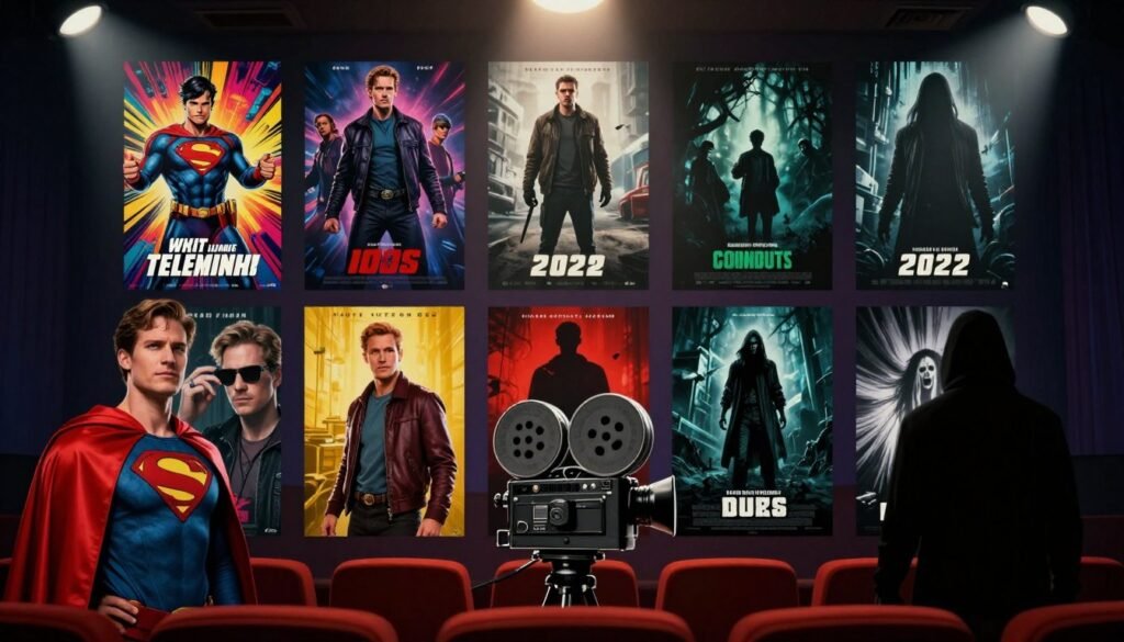 A visually engaging collage showcasing the essence of top trending films of 2022. In the foreground, feature iconic elements representing popular movie genres like superhero capes, a vintage film camera, and a suspenseful thriller's shadowy figure. The middle layer should include stylized posters of notable films, each uniquely designed to reflect colors and themes, such as vibrant comic book art for action films and moody, dark tones for horror. The background should consist of a movie theater setting with dim lighting, enhancing the cinematic atmosphere, complemented by soft spotlights highlighting the film elements. The scene conveys excitement and intrigue, inviting viewers to explore the best of cinema from the year 2022.