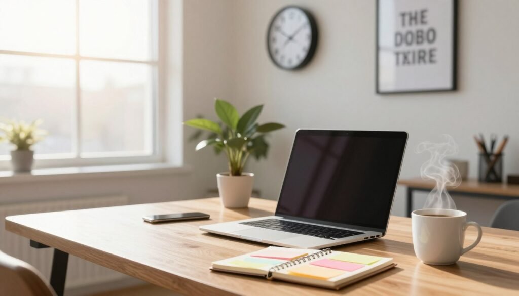 A well-organized workspace showcasing productivity hacks used by successful people. In the foreground, a sleek wooden desk with a high-end laptop, a notepad filled with colorful sticky notes, and a coffee mug emitting steam, symbolizing focus and energy. In the middle ground, a potted plant, a wall clock showing an early morning time, and an inspirational quote framed on the wall. The background features a large window with natural sunlight streaming in, illuminating the room with a warm glow. The atmosphere is peaceful yet motivational, evoking a sense of determination. The scene is captured using a soft focus lens with a slight depth of field for a professional look, ideal for illustrating core productivity concepts. A well-organized workspace showcasing productivity hacks used by successful people. In the foreground, a sleek wooden desk with a high-end laptop, a notepad filled with colorful sticky notes, and a coffee mug emitting steam, symbolizing focus and energy. In the middle ground, a potted plant, a wall clock showing an early morning time, and an inspirational quote framed on the wall. The background features a large window with natural sunlight streaming in, illuminating the room with a warm glow. The atmosphere is peaceful yet motivational, evoking a sense of determination. The scene is captured using a soft focus lens with a slight depth of field for a professional look, ideal for illustrating core productivity concepts.